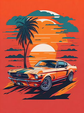 Classic car with a background of palm trees at sunset