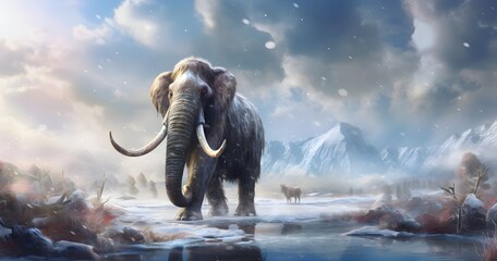 Fototapeta na wymiar Mammoth migrating through a snowy wasteland 