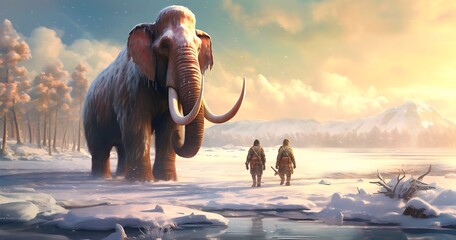 Cave men confront a huge mammoth in the ice age