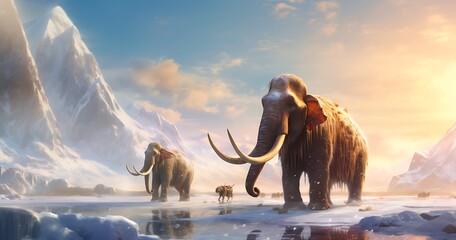Mammoth family traveling together in the ice age  - obrazy, fototapety, plakaty