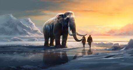 Mammoth and cave men in the ice age - obrazy, fototapety, plakaty