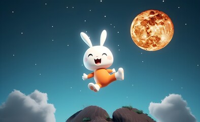 Obraz na płótnie Canvas 생성형 인공지능으로 만든 달을 등지고 하늘로 뛰어오르는 귀여운 토끼