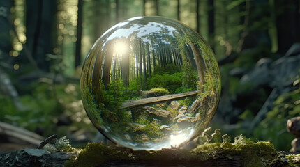 a big crystal ball full of green trees with nature and life inside the crystal vola, in the middle of a post-apocalyptic burning world, 4k, qhd, hyper-realistic, full of details