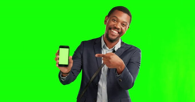 Green screen, portrait of a businessman point at smartphone and pose for advertising. Marketing or promotion, mock up space or display and happy black man with cellphone for product placement