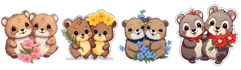 Cute Baby Quokkas Surrounded By Pink, Yellow, Blue, Red Flower Petals On Friendship Day Cartoon Stickers. Generative AI