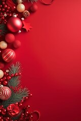 Christmas banner with gift boxes, ribbon, oak tree branches, and red ornaments on red background