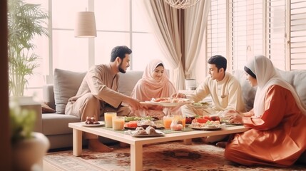 Muslim family eating food and enjoying together in happiness in the living room