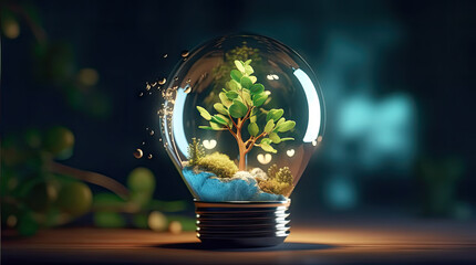 Environmental protection, renewable, sustainable energy sources. Plant growing in the bulb with there are environmental icons all around.Energy-saving and environmental concepts on Earth Day