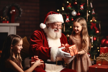 Obraz na płótnie Canvas Santa Claus giving Christmas gift to children