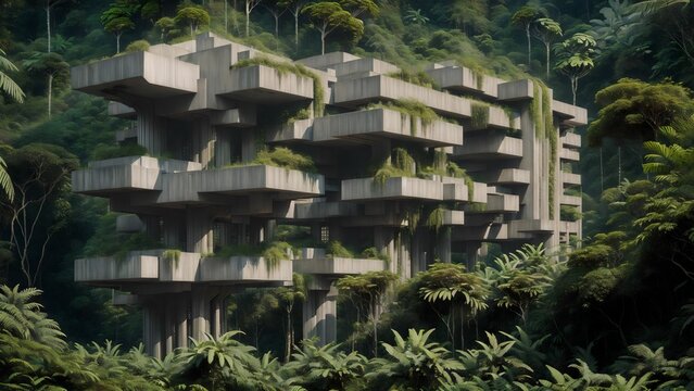 Landscape of an abandoned brutalist mega-structure deep in the rainforest - Generative AI Illustration	
