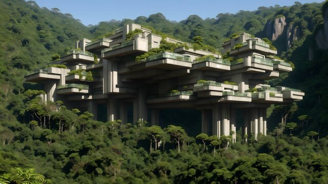 Landscape of an abandoned brutalist mega-structure deep in the rainforest - Generative AI Illustration	
