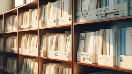 A row of medical records on a shelf, highlighting the importance of patient history in healthcare. Generative AI