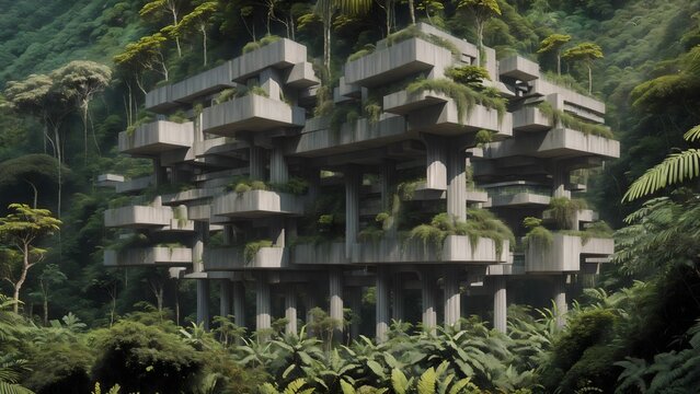 Landscape of an abandoned brutalist mega-structure deep in the rainforest - Generative AI Illustration	
