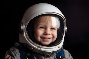 A small child imagines himself to be an astronaut in an astronaut's helmet.