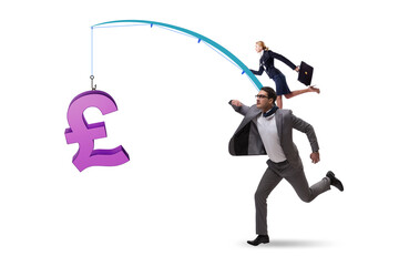 Business people chasing pound on fishing rod
