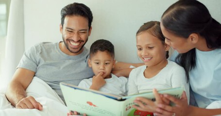 Family, reading and children with book in bed for story time, child development and learning. Education, relax and mother, father and kids laying with novel for fantasy, storytelling and bonding