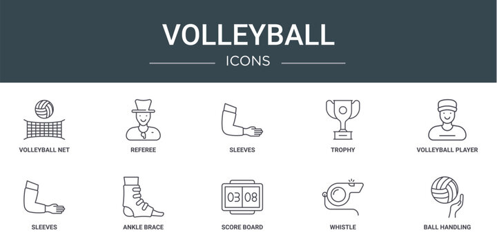 set of 10 outline web volleyball icons such as volleyball net, referee, sleeves, trophy, volleyball player, sleeves, ankle brace vector icons for report, presentation, diagram, web design, mobile