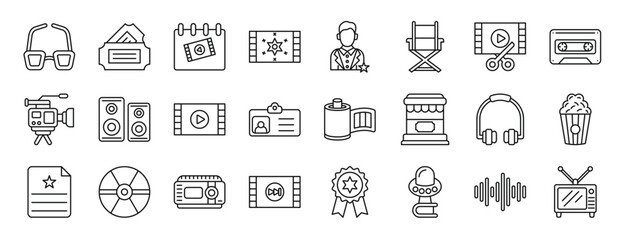 Fototapeta na wymiar set of 24 outline web cinema icons such as d glasses, ticket, calendar, special effects, actor, seat, film editing vector icons for report, presentation, diagram, web design, mobile app