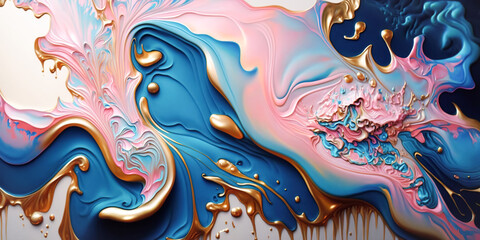 Fluid Art Gold blue pink liquid acrylic, acrylic paint mixing. Splashes of bright paint on canvas. Fashion liquid art