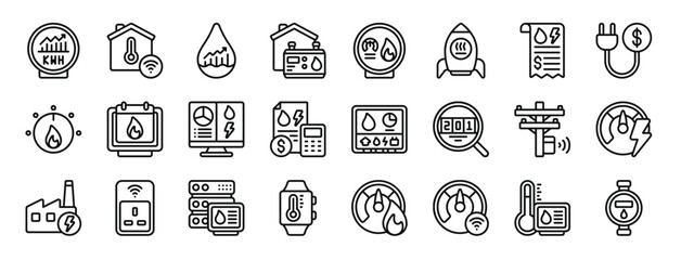 Fototapeta na wymiar set of 24 outline web smart meters icons such as meter, home, water, home, meter, rocket, bill vector icons for report, presentation, diagram, web design, mobile app