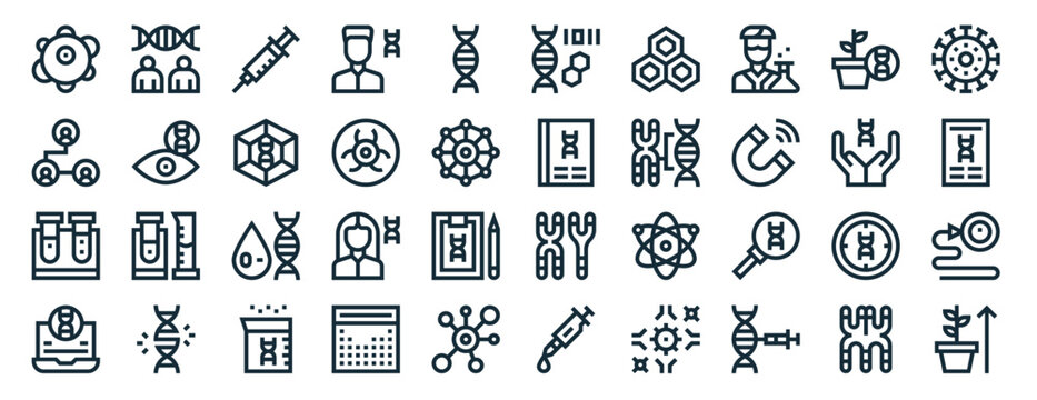set of 40 outline web genetic icons such as twins, family tree, test tube, laptop, dna, virus, dna icons for report, presentation, diagram, web design, mobile app