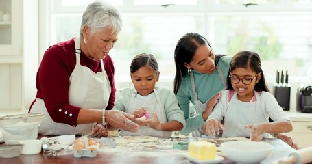 Cooking, breakfast and baking with big family in kitchen for learning, generations and support. Food, happy and grandmother with children and mother at home for cookies, teaching and chef