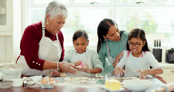 Cooking, breakfast and baking with big family in kitchen for learning, generations and support. Food, happy and grandmother with children and mother at home for cookies, teaching and chef