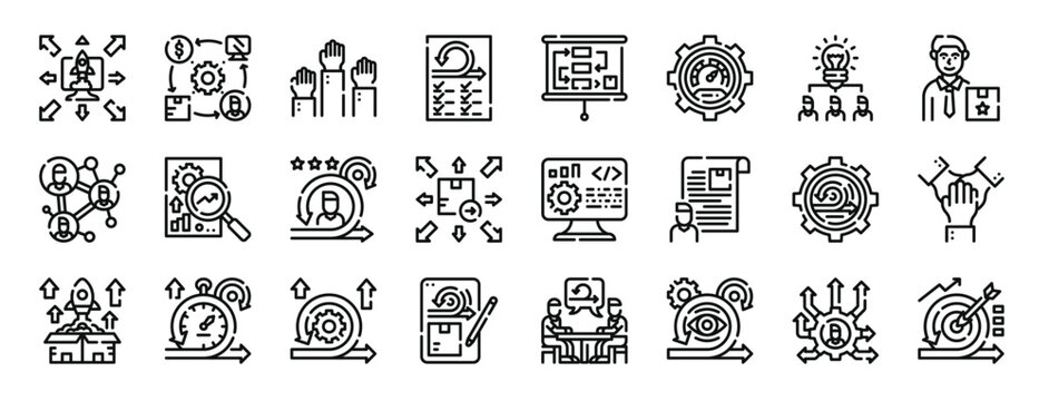 set of 24 outline web agile methodology icons such as deploy, role, vote, requirement, planning, speed, idea vector icons for report, presentation, diagram, web design, mobile app