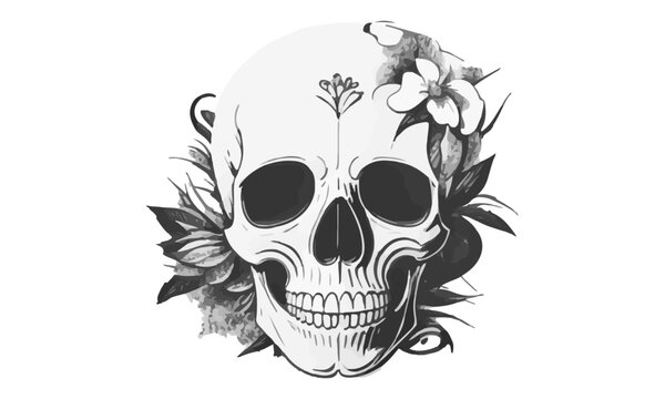 Black and White Skull with Flowers SVG