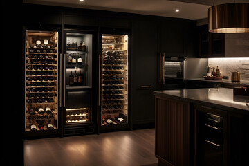 Wine fridge in kitchen, special refrigerator, temperature-controlled appliance meant to store wine bottles and chill wine at home. Cooling and preserving wine at home concept. Generative AI Technology