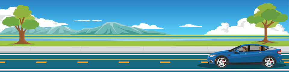 Fototapeta na wymiar Cartoon transport travel for banner. Sport car with driving for travel. Asphalt road with meadows and parallel paths and rivers. Mountain and blue sky with white clouds. Copy Space Flat Vector.
