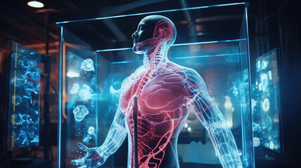 Neon-lit holographic human anatomy display showcasing the fusion of technology and anatomy education. Generative AI