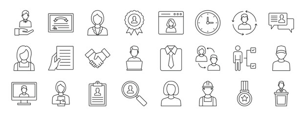 Obraz na płótnie Canvas set of 24 outline web employees icons such as hiring, certificate, worker, badge, video call, clock, worker vector icons for report, presentation, diagram, web design, mobile app