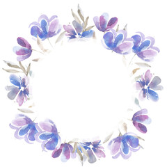 Fototapeta na wymiar Purple Splash Watercolor Flower Wreath