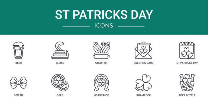 set of 10 outline web st patricks day icons such as beer, snake, gold pot, greeting card, st patricks day, bowtie, gold vector icons for report, presentation, diagram, web design, mobile app