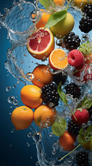 Mixed fruit in water splashes, strawberries, oranges and berries falling into water. AI generative digital art, excellent marketing photo, water splashes. Healthy summertime fresh food poster
