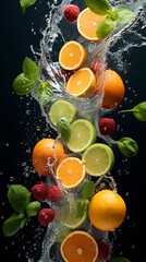 Mixed fruit in water splashes, strawberries, limes, oranges and berries falling into water. AI generative digital art, excellent marketing photo, water splashes. Healthy summertime fresh food poster