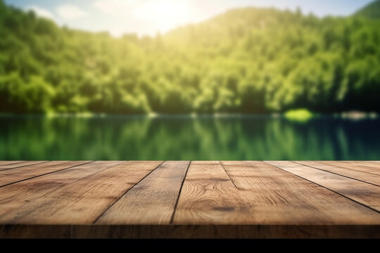 wooden table on the lake - Powered by Adobe