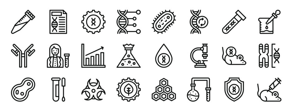 set of 24 outline web genetic icons such as centrifuge, genetical, genetic engineering, genetics, bacteria, dna, dna vector icons for report, presentation, diagram, web design, mobile app