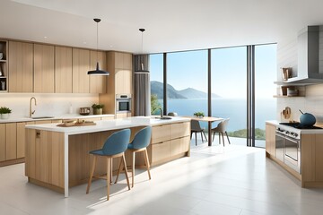 Modern wooden kitchen with wood details and panoramic windows, white and blue minimalist interior design, sunrise sunset panorama, 3d illustration.