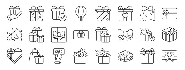 Fototapeta na wymiar set of 24 outline web gift icons such as gift, gift, box, box vector icons for report, presentation, diagram, web design, mobile app