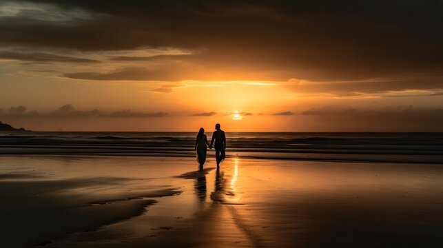 silhouettes of a happy couple holding hands on the seashore at sunset. Generative AI