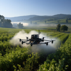 photo showing a drone spraying pesticide on a crop. agriculture can bring several benefits to farmers and the industry,Ai generative - obrazy, fototapety, plakaty