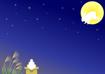 満月からのぞき込むウサギとお月見だんご