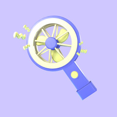 3D portable fan icon summer rendered isolated on the colored background