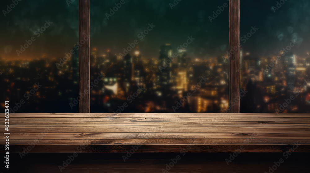 Poster empty dark wooden counter with an open window