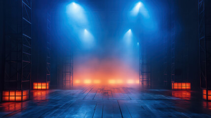 Fototapeta premium A scene with spotlights, blue and red lighting and fog