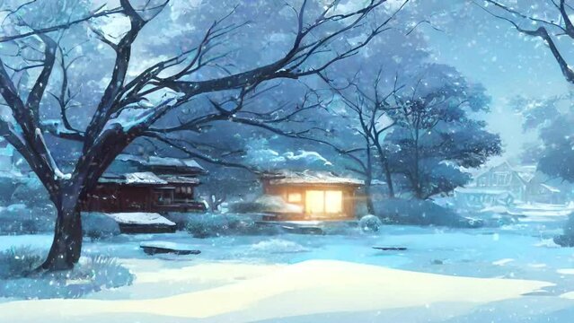 landscape background of a luminous house keeps warm in winter time, anime japanese watercolor illustration style
