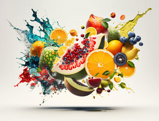 Fototapeta na wymiar MIxed fruits that is flying in the air, digital art, colorful splatter explosion in a stylish fruit composition, juice flavours splash. Generative Ai, on white background, food advertising poster
