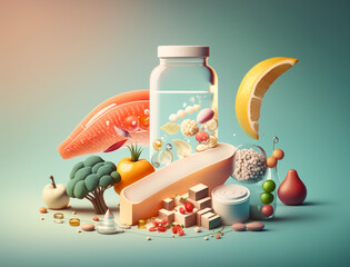 A conceptual food 3d illustration, fresh fruits and hydration meal. Concept of well balanced diet, taking supplements pill, health benefits mood. Jar of refreshing drink. Lemon, salmon, broccoli. AI